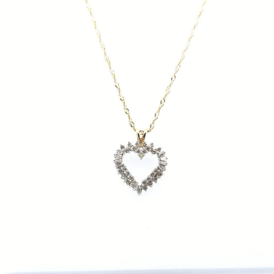 Estate $950 14K Two Tone Gold Baguette Diamond Heart Necklace