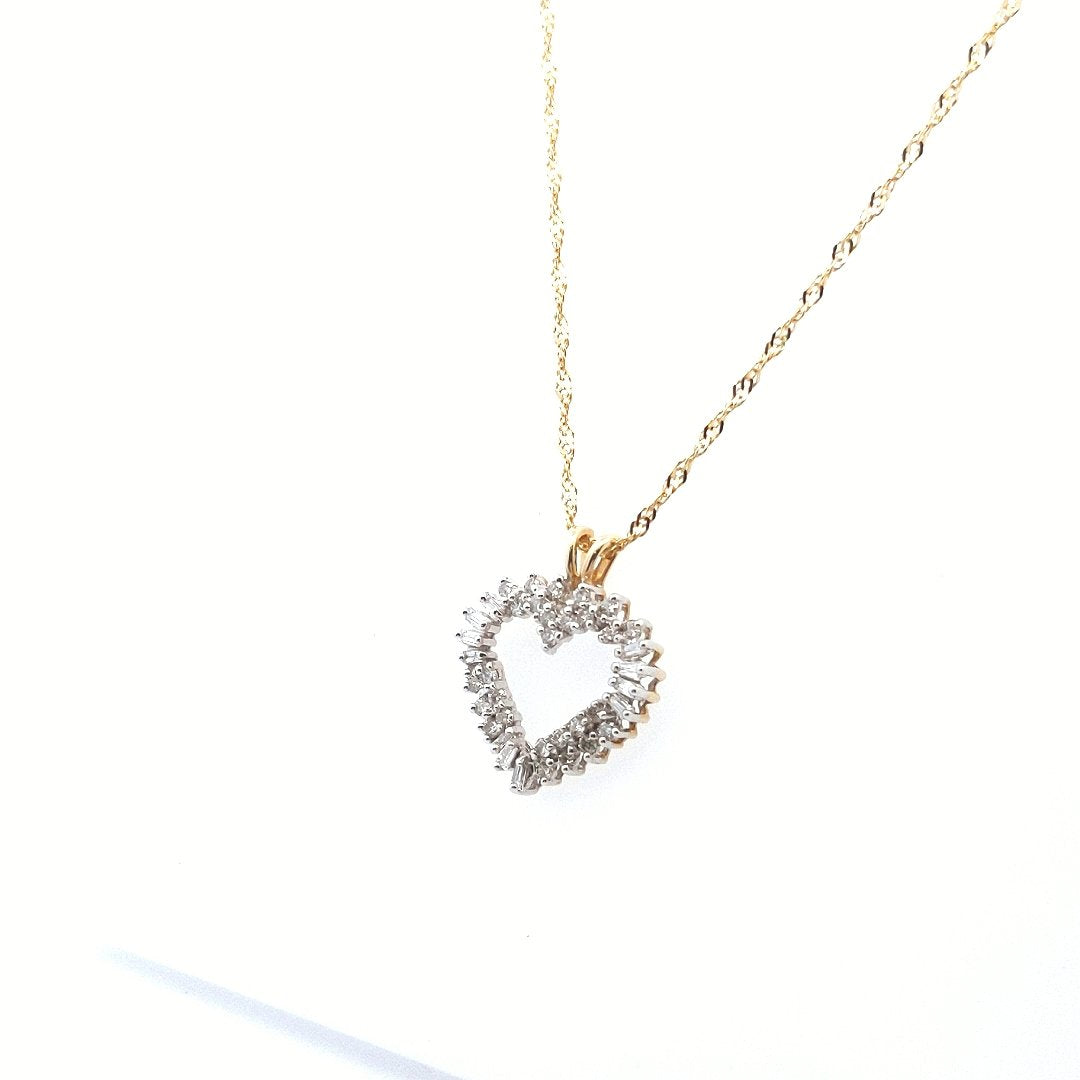 Estate $950 14K Two Tone Gold Baguette Diamond Heart Necklace