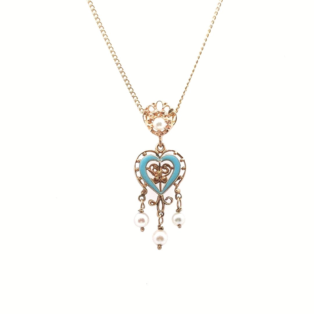 Vintage $700 14K Yellow Gold Blue Enamel Cultured Pearl Pendant Necklace