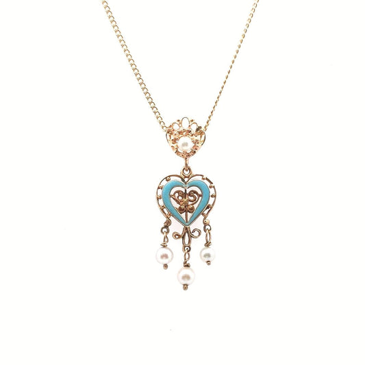 Vintage $700 14K Yellow Gold Blue Enamel Cultured Pearl Pendant Necklace
