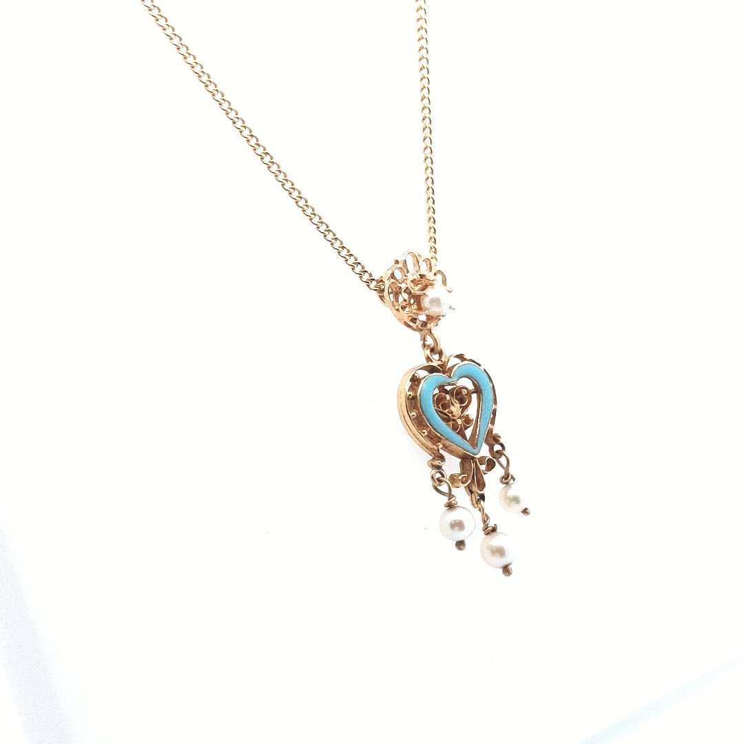 Vintage $700 14K Yellow Gold Blue Enamel Cultured Pearl Pendant Necklace