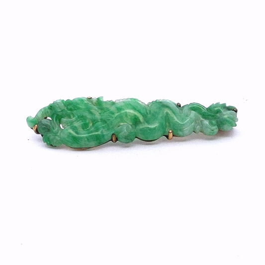 Antique 9K Yellow Gold Jadeite Carved Dragon GIA Certified Brooch