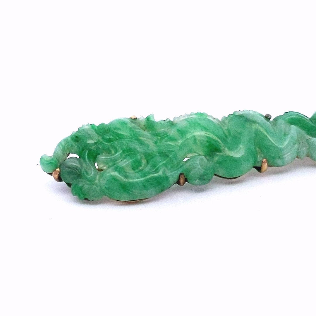 Antique 9K Yellow Gold Jadeite Carved Dragon GIA Certified Brooch