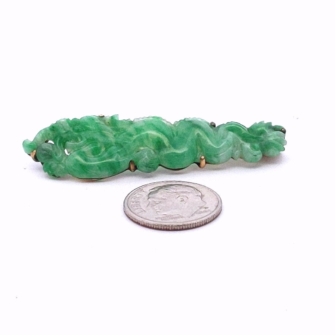 Antique 9K Yellow Gold Jadeite Carved Dragon GIA Certified Brooch
