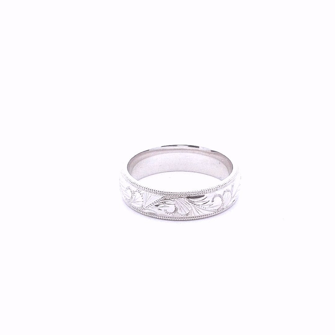 Estate $940 14K White Gold Carved Milgrain Edge Wedding Band Ring
