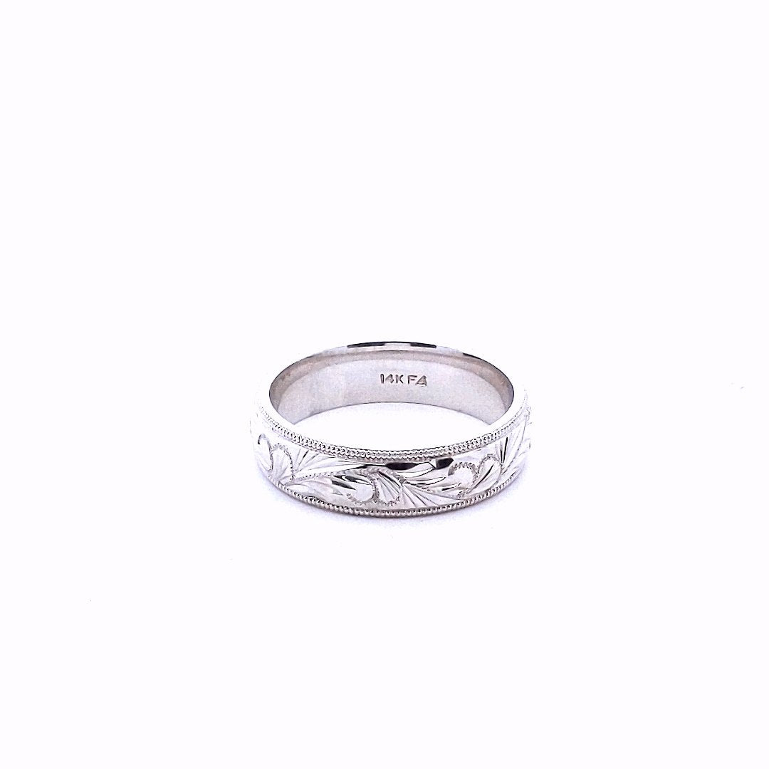 Estate $940 14K White Gold Carved Milgrain Edge Wedding Band Ring