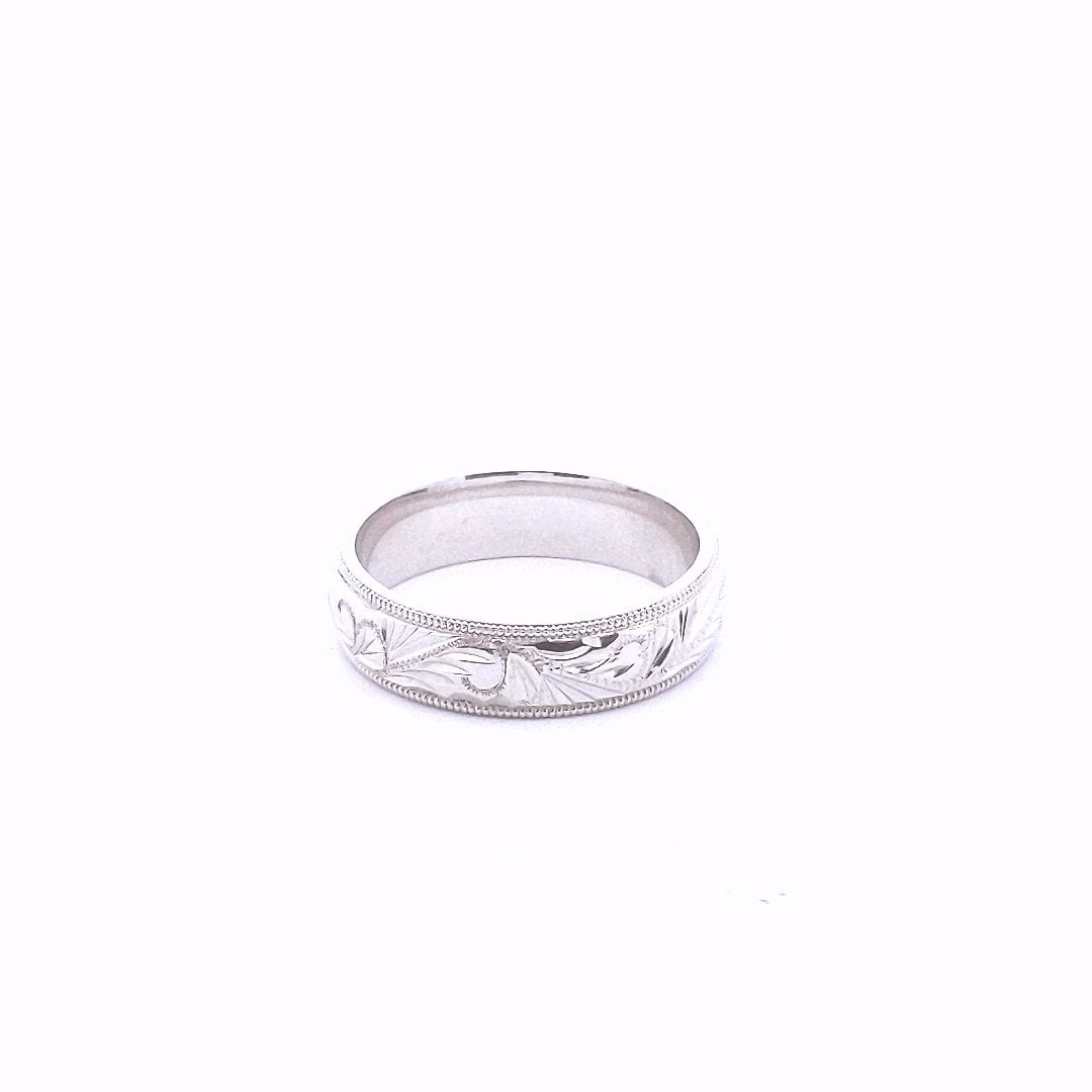 Estate $940 14K White Gold Carved Milgrain Edge Wedding Band Ring