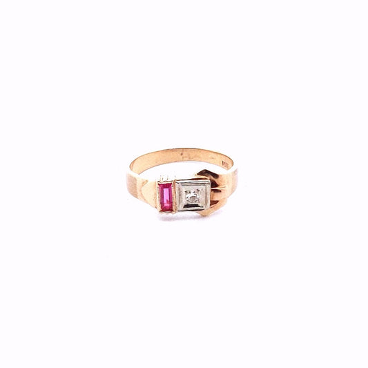 Vntage 14K Two Tone Gold Art Deco Diamond Lab Created Ruby Buckle Style Ring