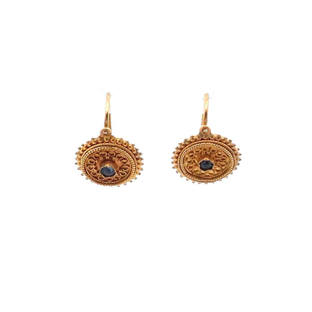 Antique 21K Yellow Gold Etruscan Revival Sapphire Earrings