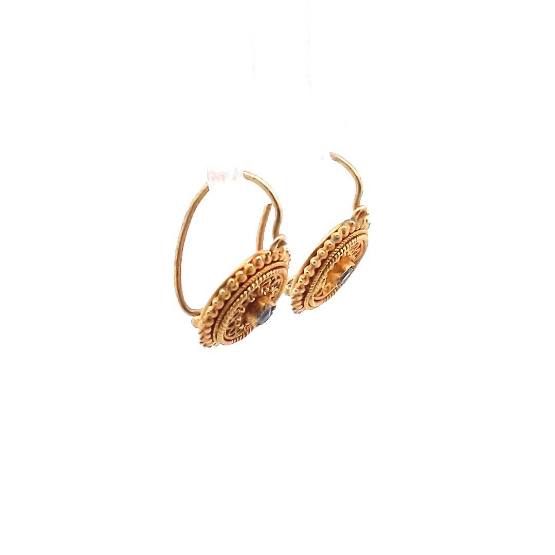 Antique 21K Yellow Gold Etruscan Revival Sapphire Earrings
