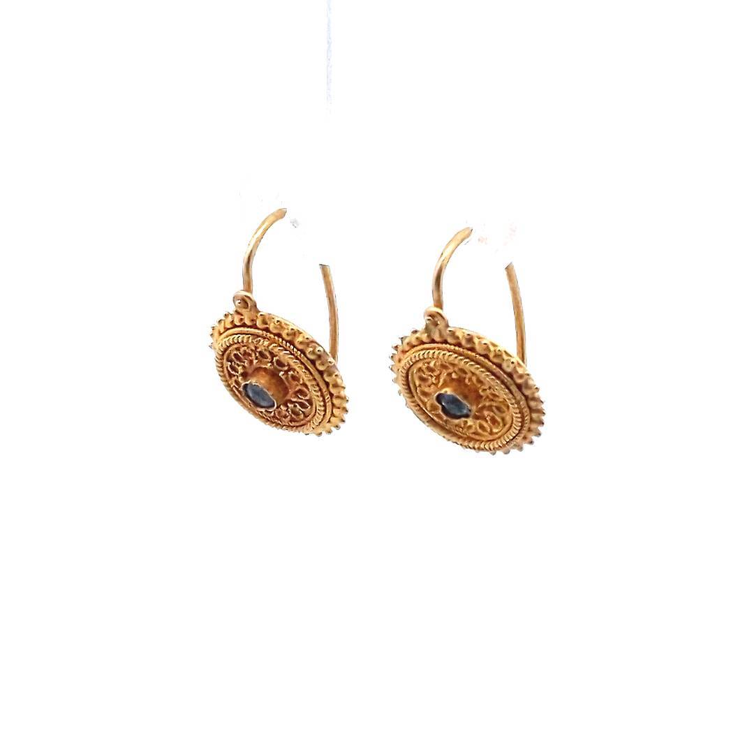 Antique 21K Yellow Gold Etruscan Revival Sapphire Earrings