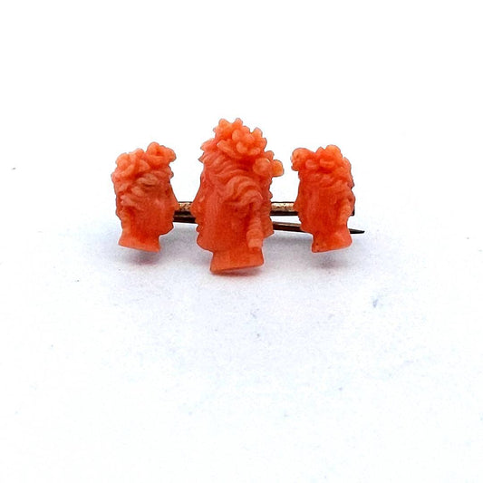 Antique 5K Gold 3 Faces Carved Coral Pin