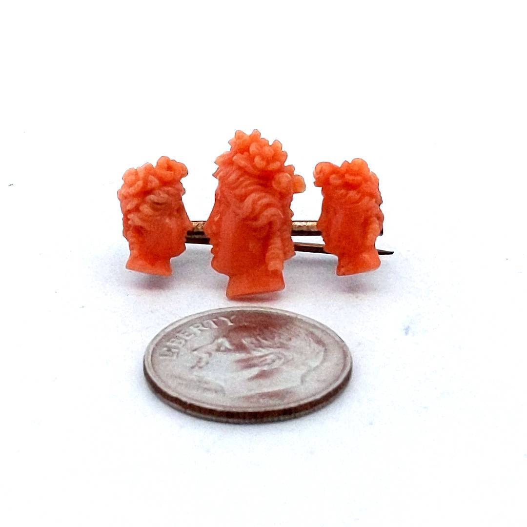 Antique 5K Gold 3 Faces Carved Coral Pin