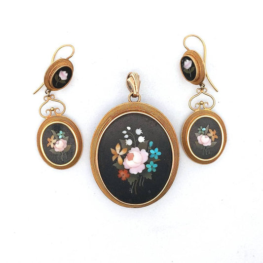 Victorian 14K Yellow Gold Pietra Dura Hardstone Mosaic Brooch & Earrings
