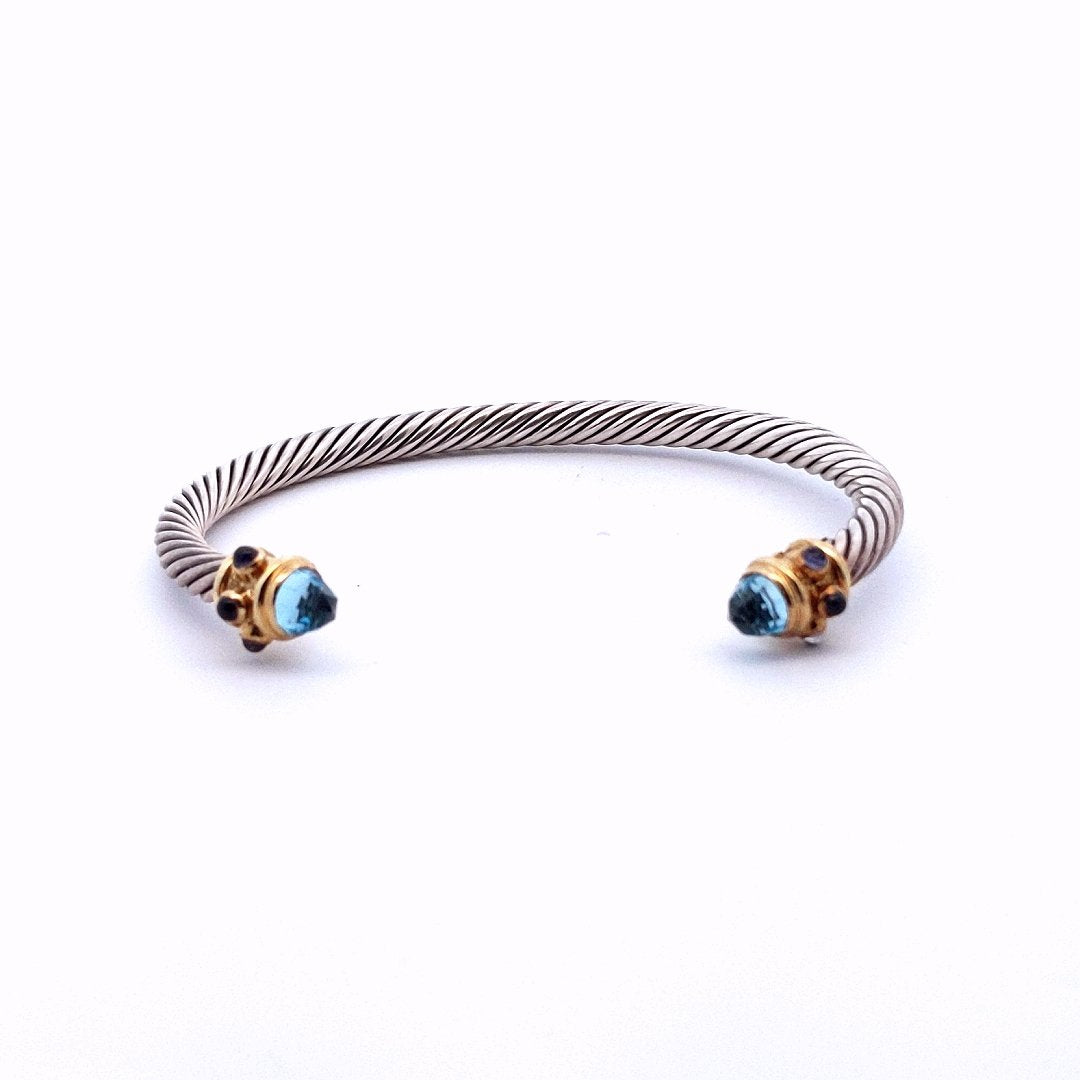 Designer David Yurman Sterling Silver 14K Gold Cable Blue Topaz Bangle