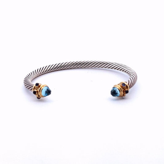 Designer David Yurman Sterling Silver 14K Gold Cable Blue Topaz Bangle