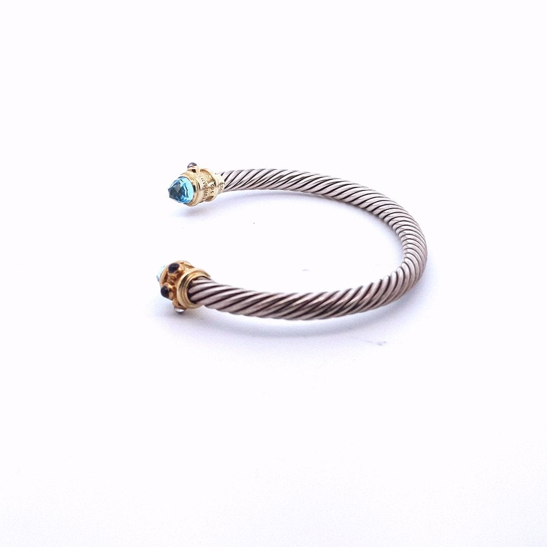 Designer David Yurman Sterling Silver 14K Gold Cable Blue Topaz Bangle