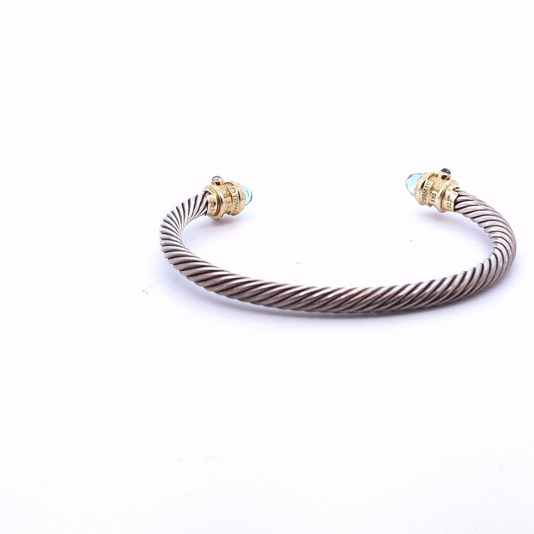 Designer David Yurman Sterling Silver 14K Gold Cable Blue Topaz Bangle