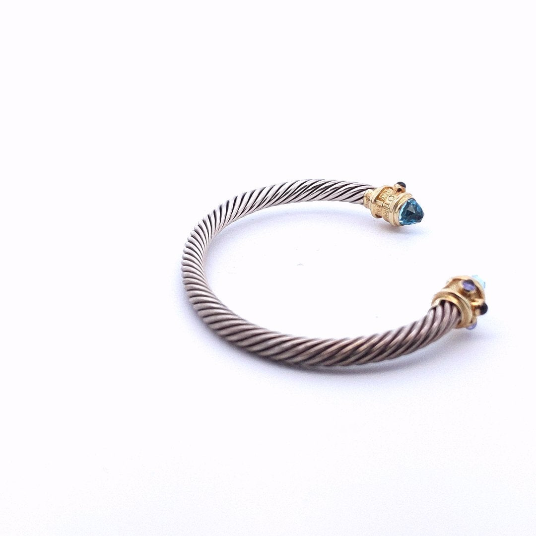 Designer David Yurman Sterling Silver 14K Gold Cable Blue Topaz Bangle