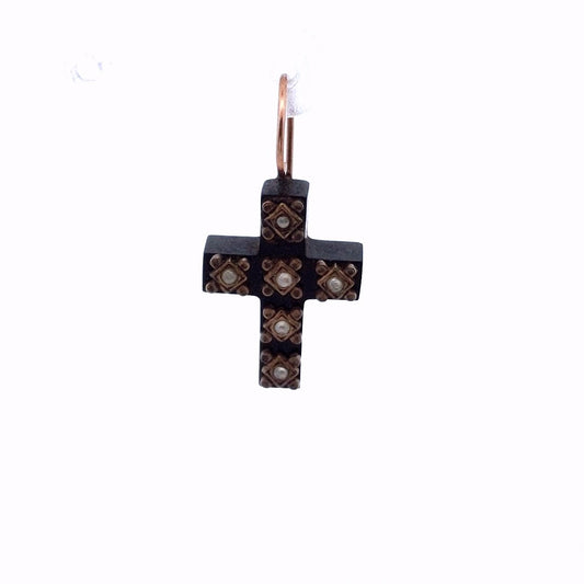 Antique $130 Single Victorian Jet & Natural Seed Pearl Mourning Cross Earring