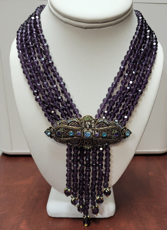 Designer $300 Heidi Daus Purple Romantic Interlude 5 Row Beaded Tassle Necklace