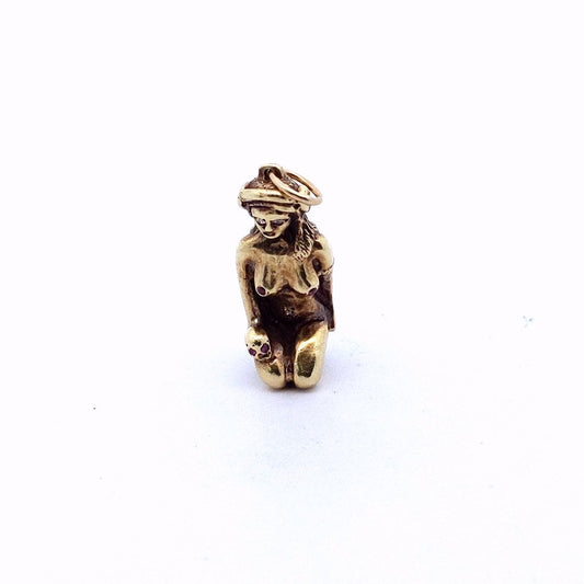Vintage 14K Yellow Gold Handmade New Guinea Ruby Diamond Lady Skull Pendant