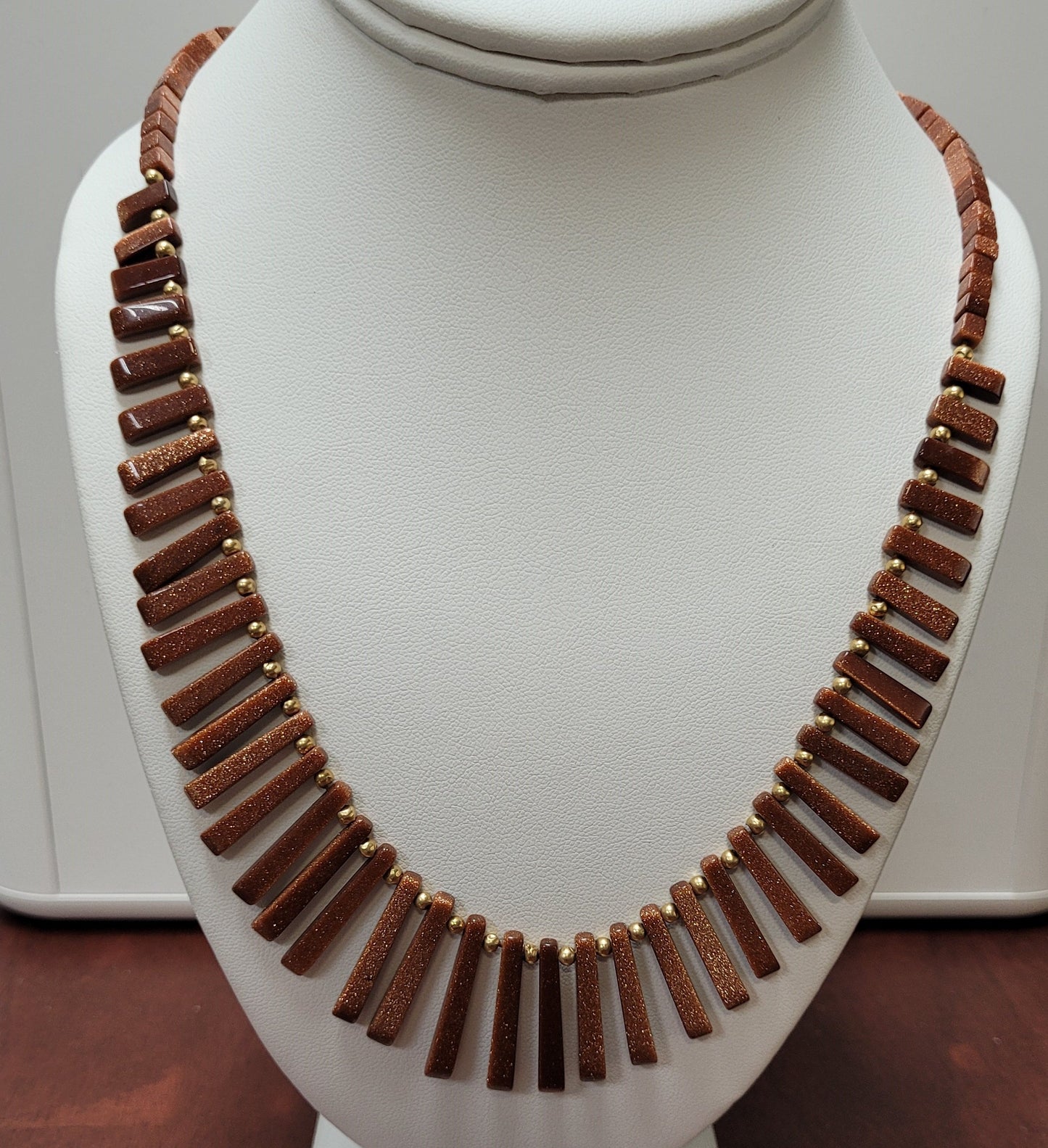 Estate $90 Lucoral Goldstone Glass Fan Bead Necklace