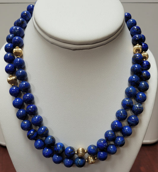 Vintage 14K Yellow Gold Lapis Lazuli Fluted Gold Bead Necklace