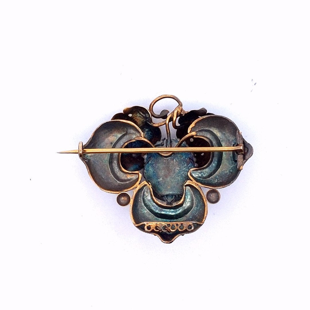 Antique 14K Yellow Gold Victorian Garnet Seed Pearl Brooch