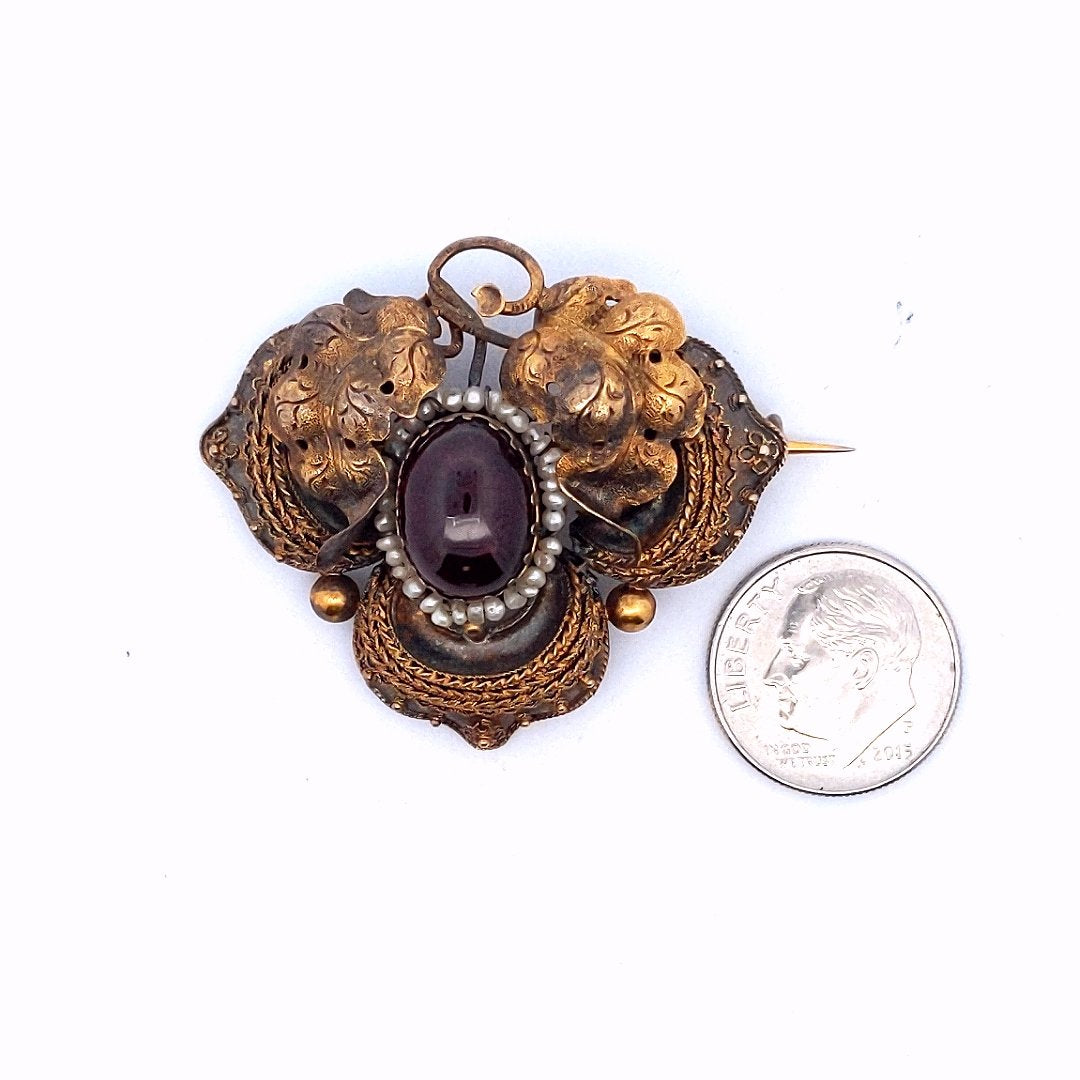 Antique 14K Yellow Gold Victorian Garnet Seed Pearl Brooch