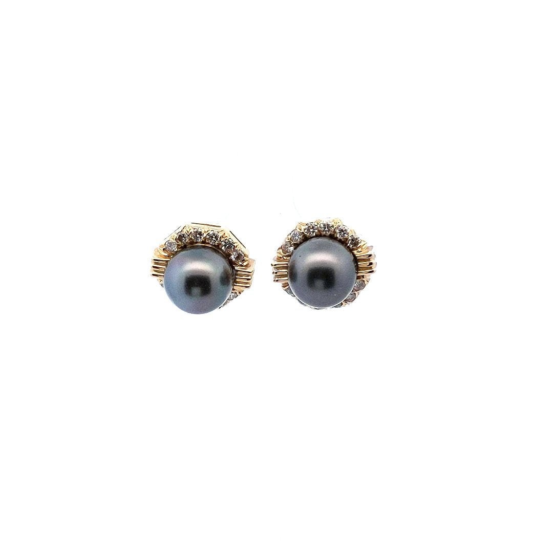 Vintage 14K Yellow Gold Tahitian Cultured Pearl Diamond Earrings