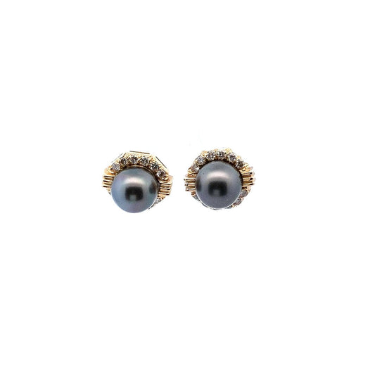Vintage 14K Yellow Gold Tahitian Cultured Pearl Diamond Earrings