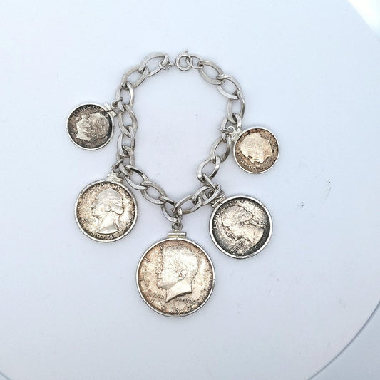 Vintage $190 Sterling Silver 90% Silver Quarter Half Dollar Dime Coin Bracelet