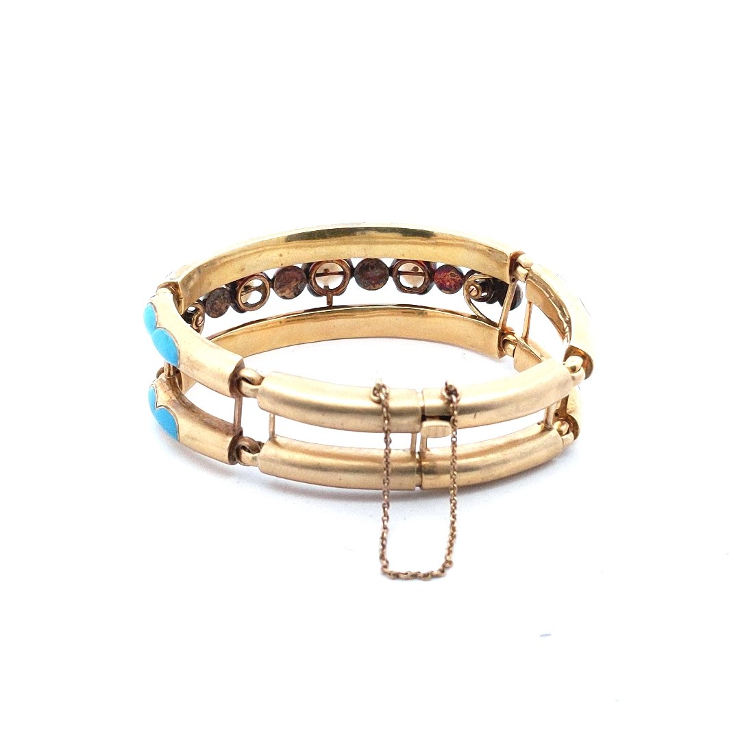 Antique 18K Yellow Gold Victorian Natural Pearl Diamond Enamel Bracelet