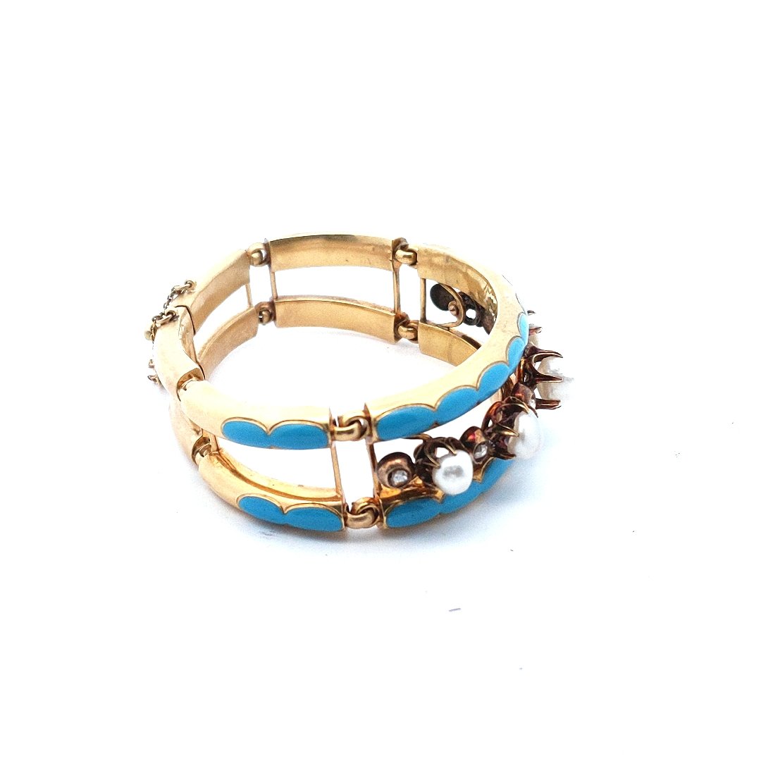 Antique 18K Yellow Gold Victorian Natural Pearl Diamond Enamel Bracelet
