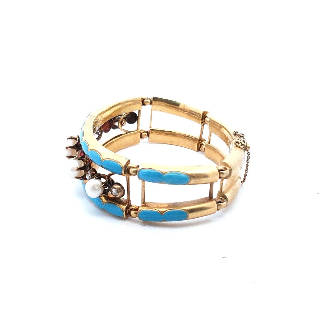Antique 18K Yellow Gold Victorian Natural Pearl Diamond Enamel Bracelet