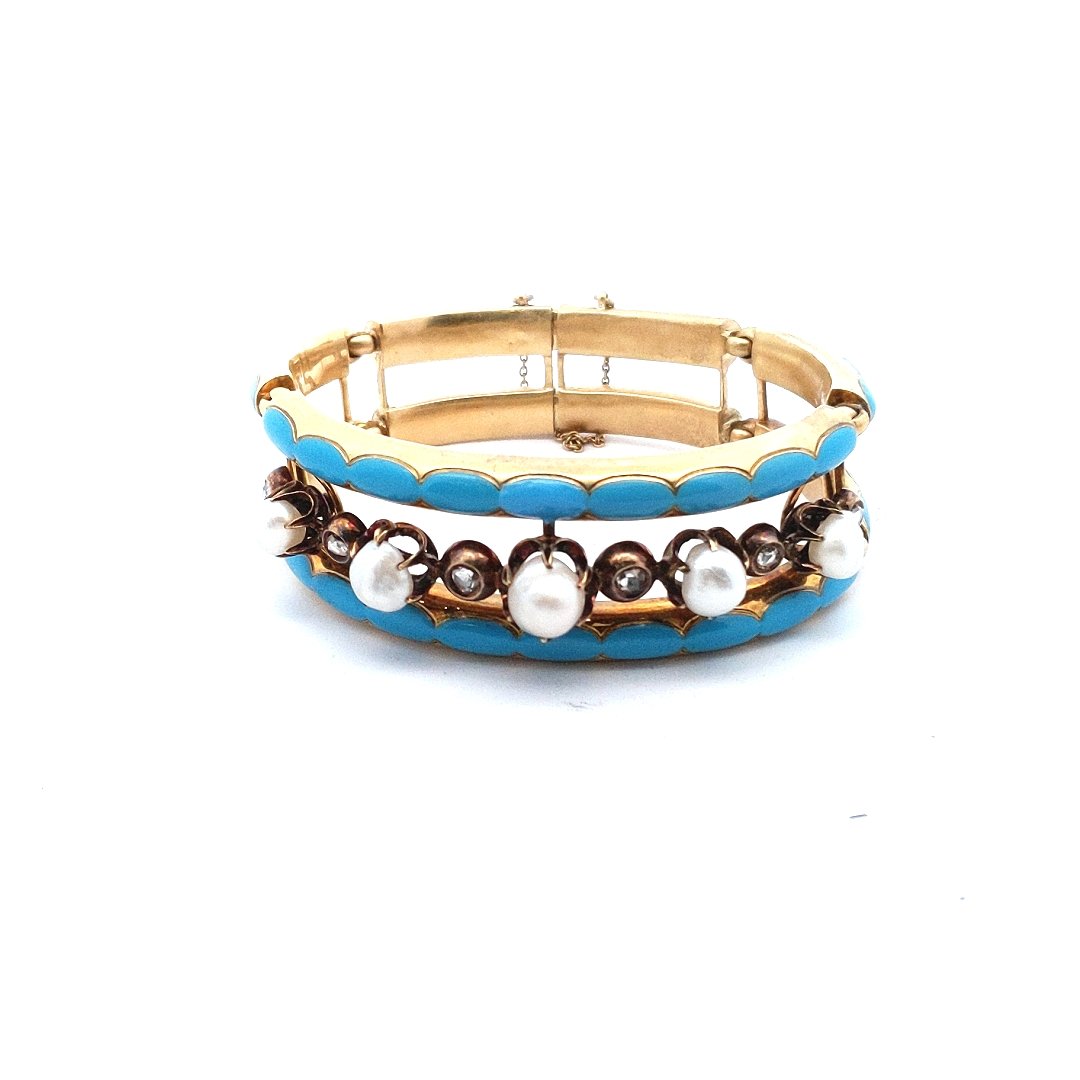 Antique 18K Yellow Gold Victorian Natural Pearl Diamond Enamel Bracelet