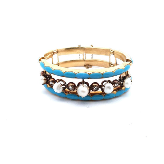 Antique 18K Yellow Gold Victorian Natural Pearl Diamond Enamel Bracelet