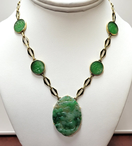 Antique $2500 14K Yellow Gold Natural Jade Enamel Necklace Mouse Ginko Pendant