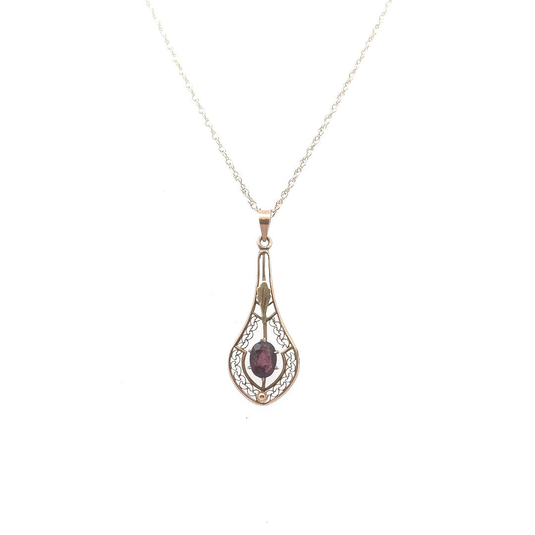 Antique $370 10K Yellow Gold Fine Wire Amethyst Pendant Necklace