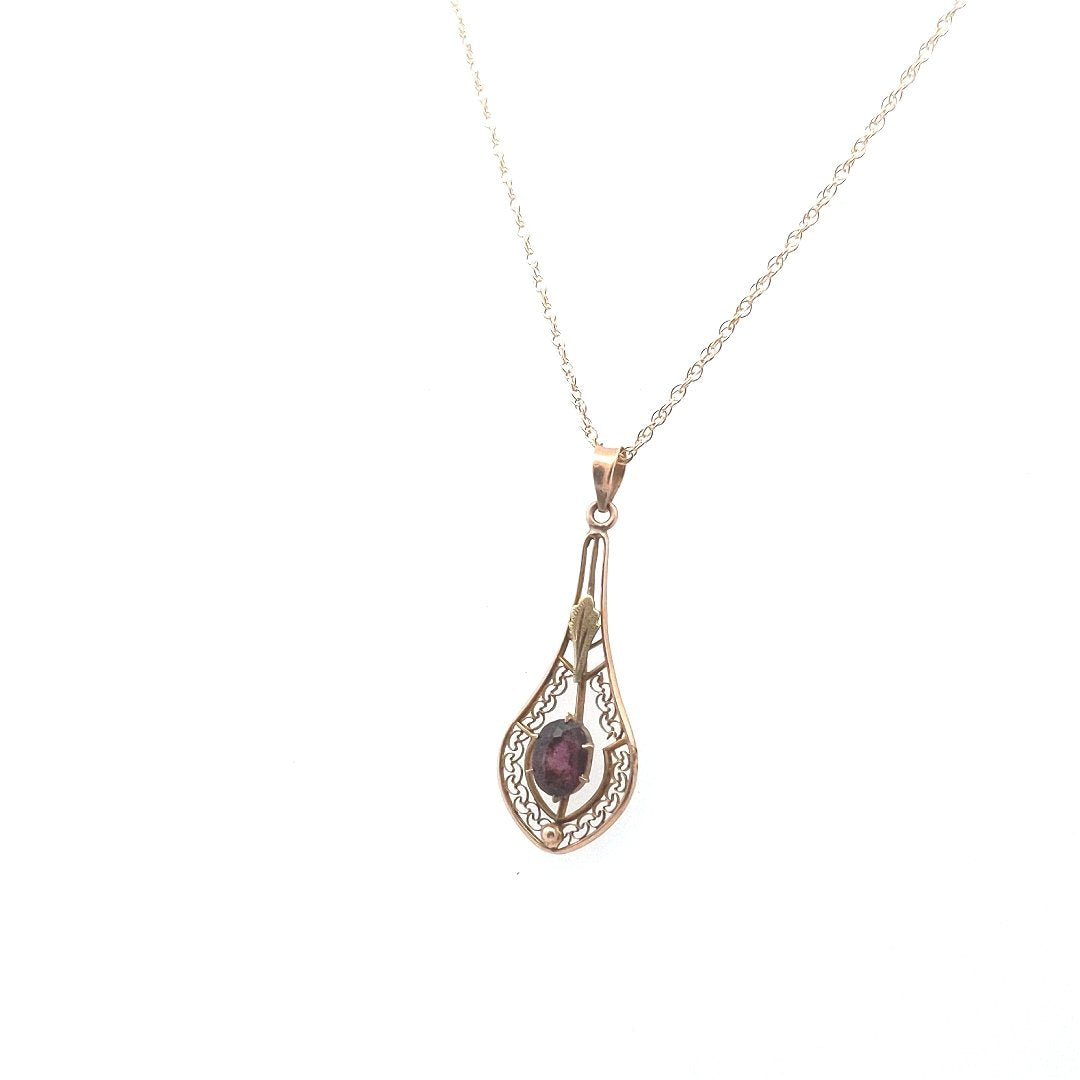 Antique $370 10K Yellow Gold Fine Wire Amethyst Pendant Necklace