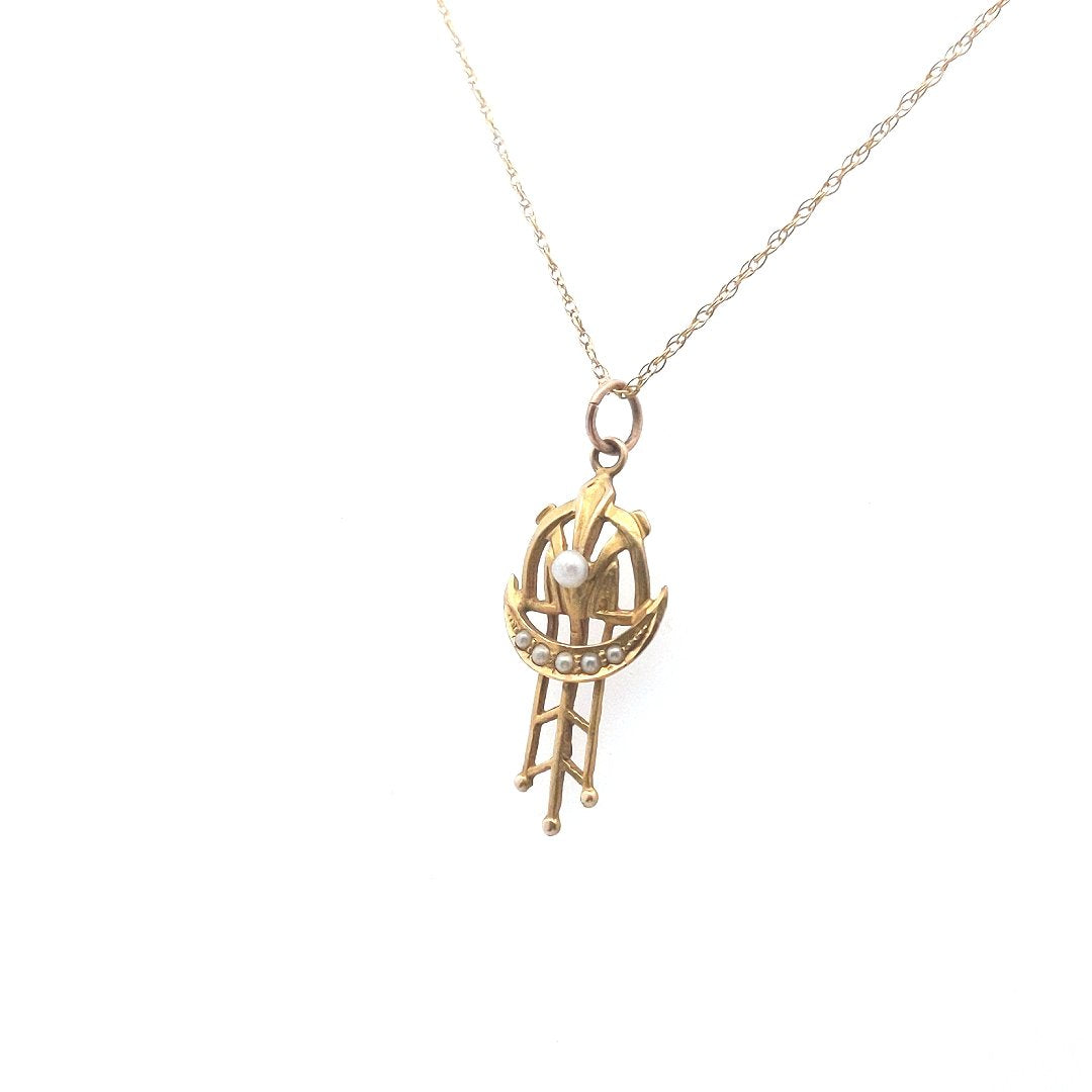 Antique $350 10K Yellow Gold Seed Pearl Pendant Necklace