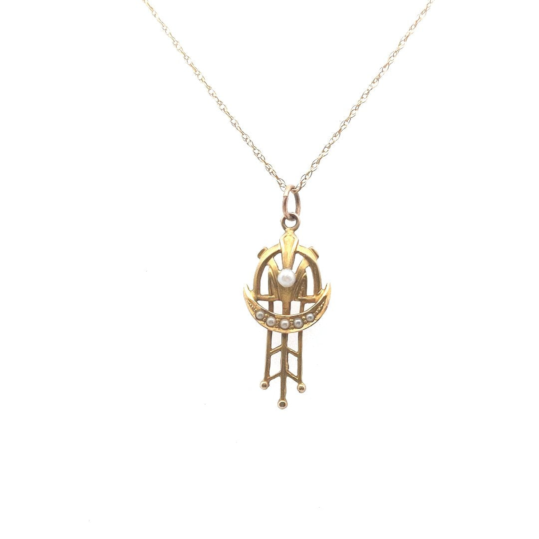 Antique $350 10K Yellow Gold Seed Pearl Pendant Necklace