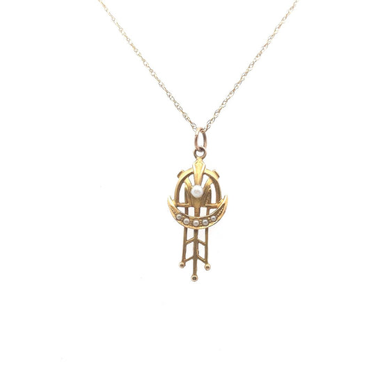 Antique $350 10K Yellow Gold Seed Pearl Pendant Necklace