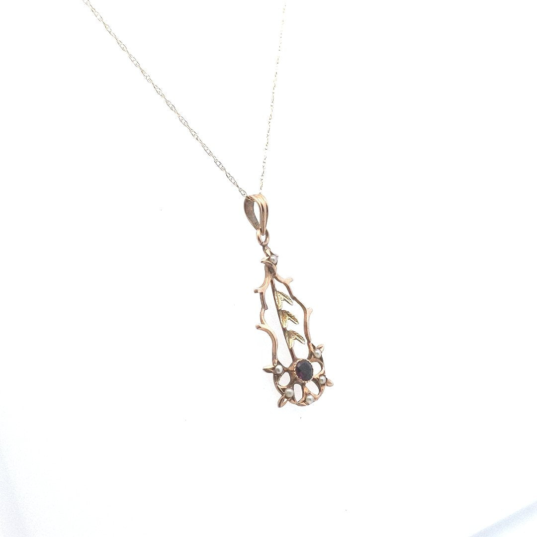 Antique $350 10K Yellow Gold Blister Pearl Petal Garnet Flower Pendant Necklace