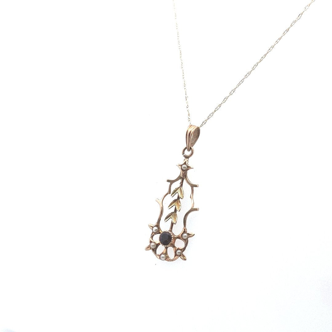 Antique $350 10K Yellow Gold Blister Pearl Petal Garnet Flower Pendant Necklace