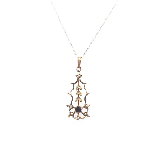 Antique $350 10K Yellow Gold Blister Pearl Petal Garnet Flower Pendant Necklace