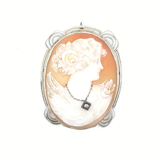 Antique $750 14K White Gold Carved Shell Cameo Diamond Pendant Brooch