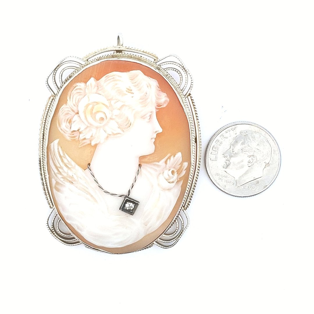 Antique $750 14K White Gold Carved Shell Cameo Diamond Pendant Brooch