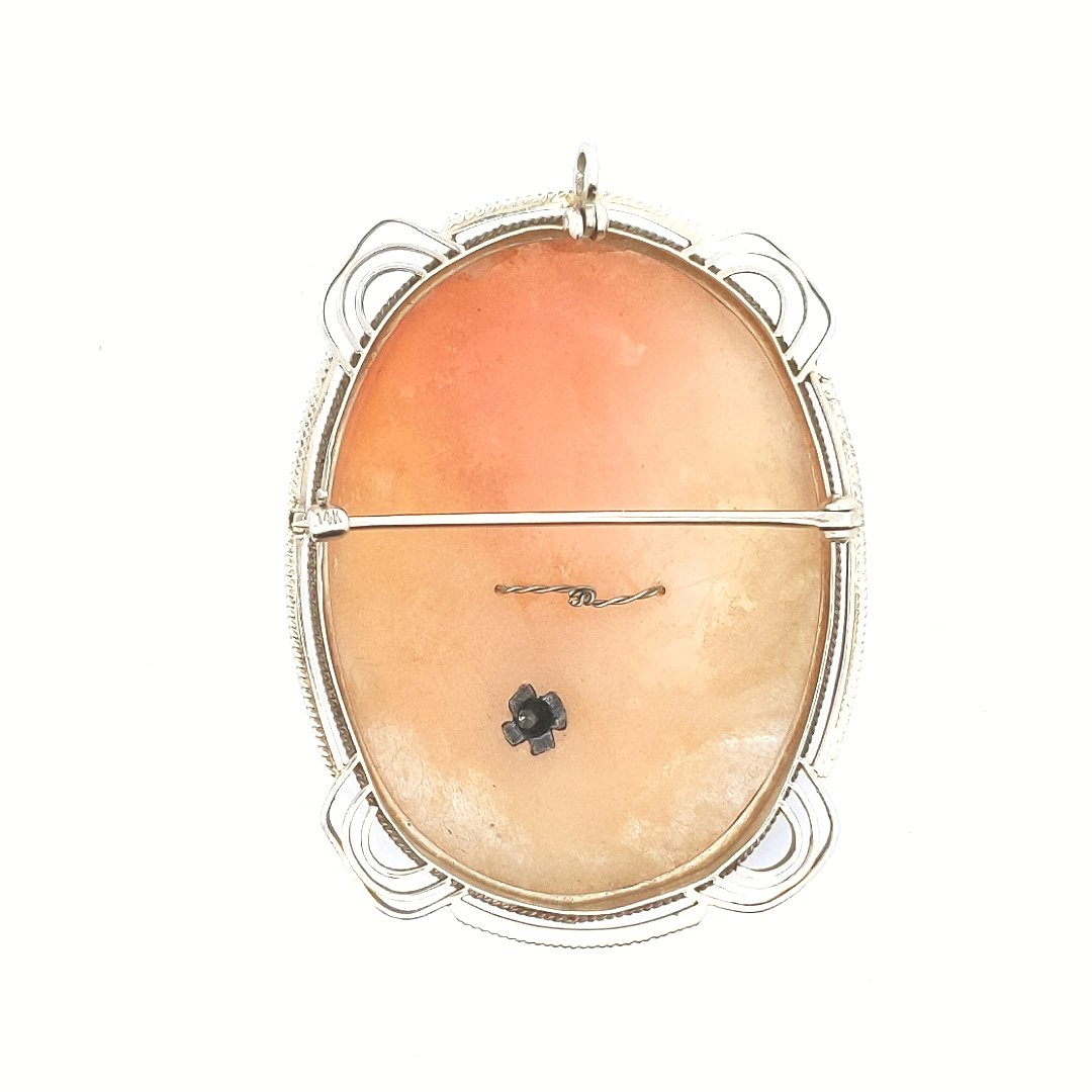 Antique $750 14K White Gold Carved Shell Cameo Diamond Pendant Brooch